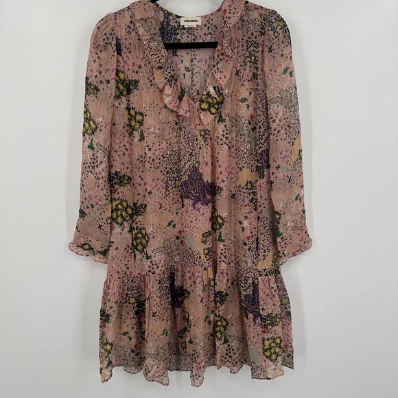 Zadig & Voltaire Lurex Mini Dress Womens Multi Rikotas Print Ruffle Trim V-Neck - Picture 1 of 11